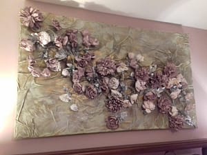 janethunt.net-art-'Peonies on canvas' Mixed media using paper, metallics, plaster, silk and wiie